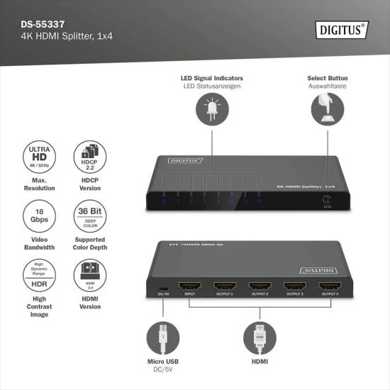 Rozdzielacz HDMI x4 4K Digitus DS-55337