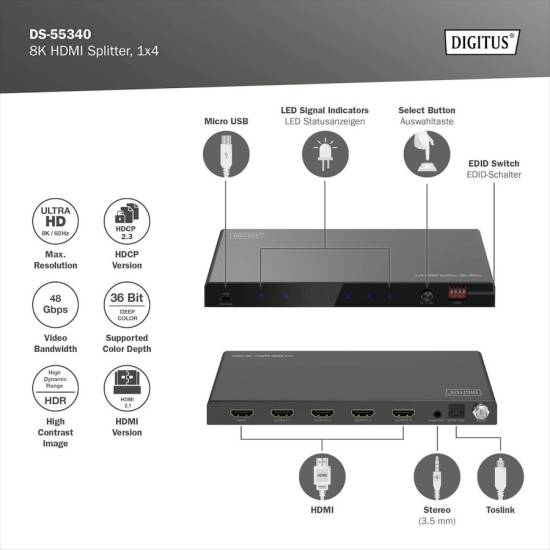 Rozdzielacz HDMI x4 8K Digitus DS-55340