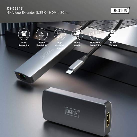 Przedłużacz wideo USB-C - HDMI 4K@120Hz do 30m skrętka kat. 6  Digitus DS-55343
