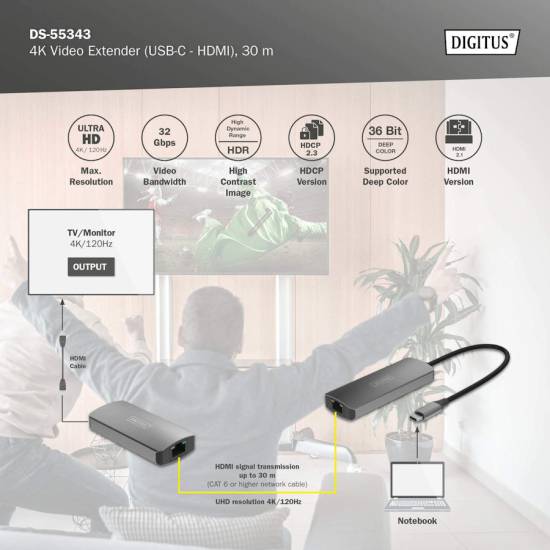 Przedłużacz wideo USB-C - HDMI 4K@120Hz do 30m skrętka kat. 6  Digitus DS-55343