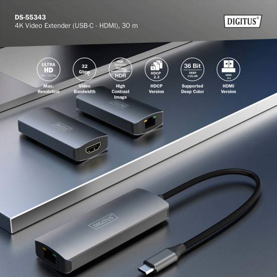 Przedłużacz wideo USB-C - HDMI 4K@120Hz do 30m skrętka kat. 6  Digitus DS-55343