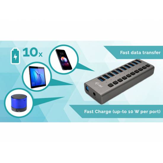 Hub USB3 x10 z funkcją ładowania 48W plus wyłączniki i-tec U3CHARGEHUB10