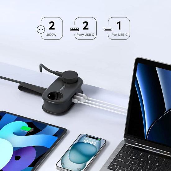Listwa zasilająca 2-gniazda 2x USB-A 1x USB-C 20W 1,5m Orico AP3-2A2U1C-PRO-EU-BK czarna