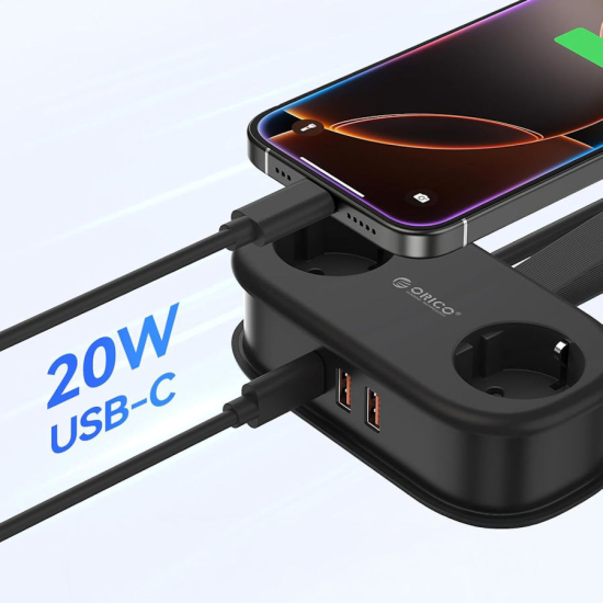 Listwa zasilająca 2-gniazda 2x USB-A 1x USB-C 20W 1,5m Orico AP3-2A2U1C-PRO-EU-BK czarna