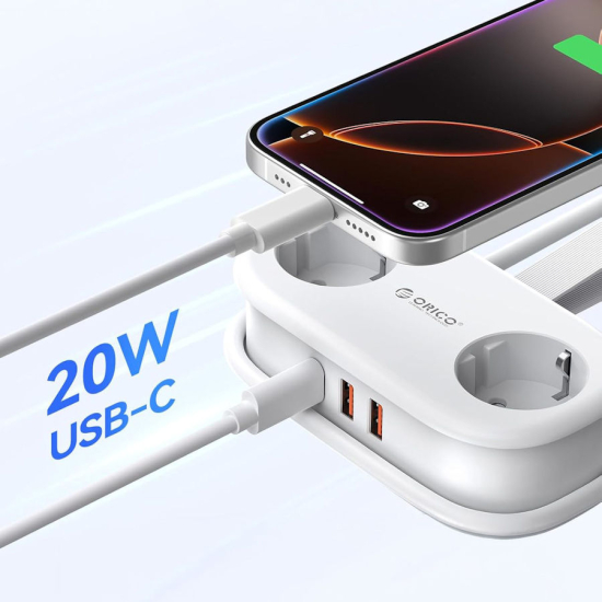 Listwa zasilająca 2-gniazda 2x USB-A 1x USB-C 20W 1,5m Orico AP3-2A2U1C-PRO-EU-WH biała