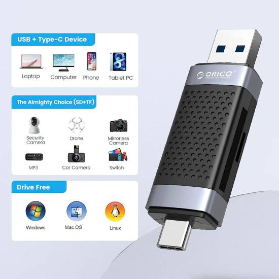 Czytnik kart SD/microSD USB-A/USB-C 2.0 Orico CD2D-AC2-BK-EP