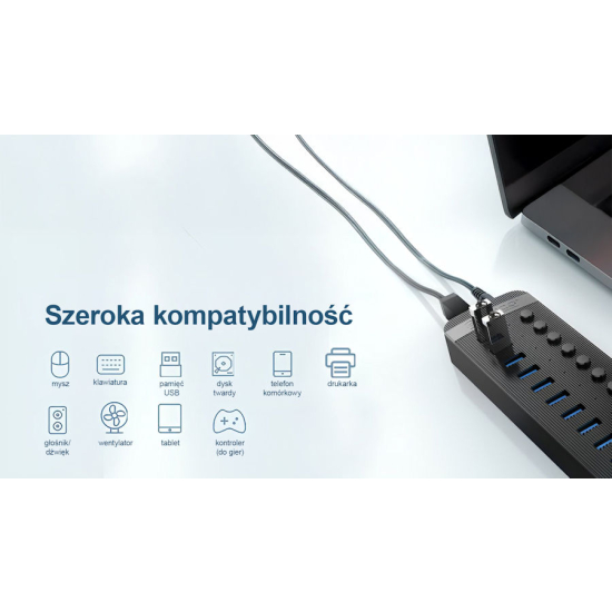 Hub USB-A 3.0 x10 z wyłącznikami portów 5Gbps Orico CT2U3-10AB-EU-BK-BP