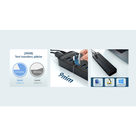 Hub USB-A 3.0 x7 z wyłącznikami portów 5Gbps Orico CT2U3-7AB-EU-BK-BP