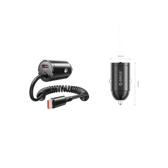 Ładowarka samochodowa PD 30W USB-C x2 z kablem spiralnym Orico DS-30-2C-BK-EP