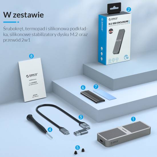 Obudowa SSD M.2 PCIe/NVMe USB 3.2 20Gbps USB C Orico M223C3-G4-GY-BP