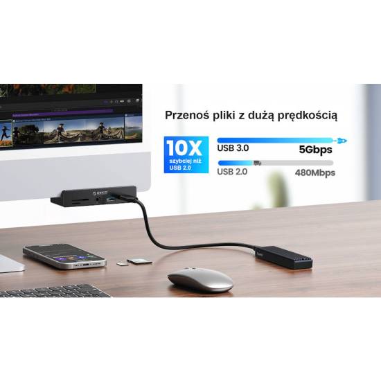 Hub USB-C -> USB-A x2 czytnik SD/microSD minijack biurkowy z uchwytem Orico MH5PMM-10-BK-BP