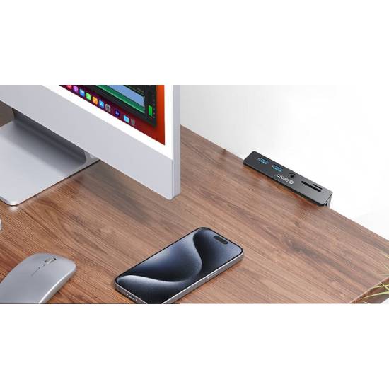 Hub USB-C -> USB-A x2 czytnik SD/microSD minijack biurkowy z uchwytem Orico MH5PMM-10-BK-BP