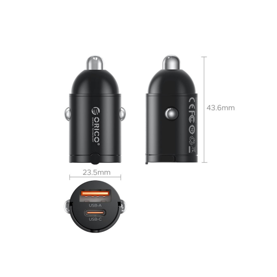 Ładowarka samochodowa PD 30W USB-C USB-A metalowa mini Orico MR-30-1A1C-BK-EP
