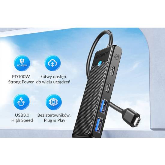 Hub USB-C -> USB-A x2 USB-C x2 PD 100 W Orico PAPW2AC-C3-015-BK-EP
