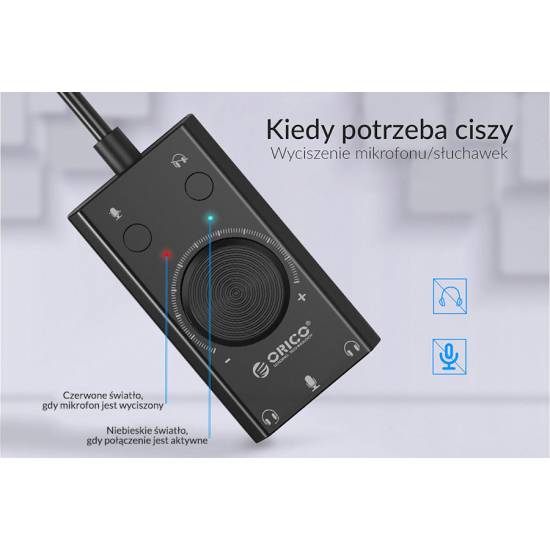Karta dźwiękowa na USB 3 porty regulacja głośności Orico SC2-BK-BP