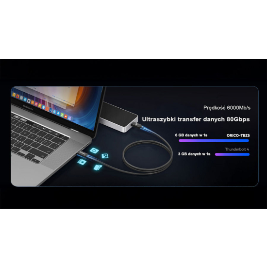 Kabel USB C Thunderbolt 5 PD 240W 80Gbps 1,5m Orico TBZ5-15-BK-BP
