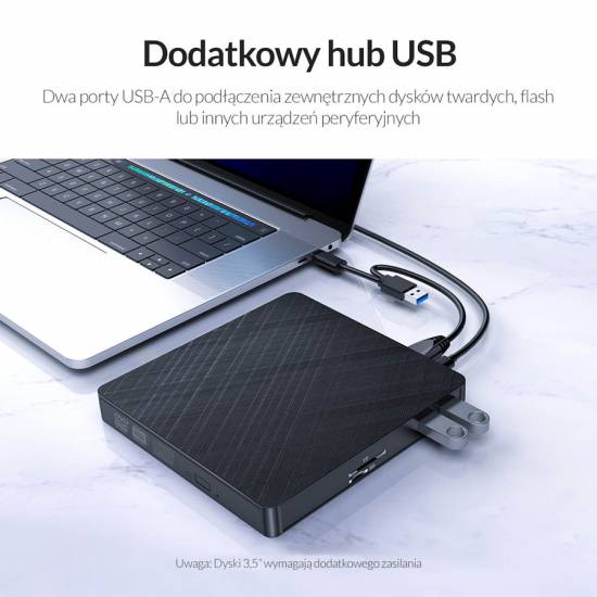 Nagrywarka CD/DVD USB 3.1/USB C czytnik kart SD i hub USB 3.0 x 2 ORICO czarna