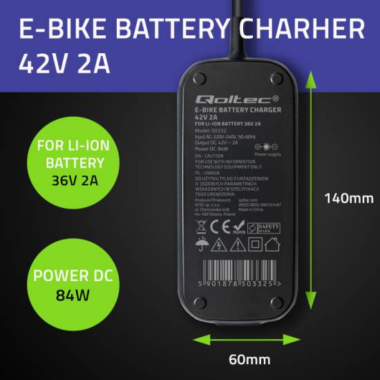 Ładowarka do roweru skutera elektrycznego 36V 42V 2A wtyk 5.5*2.1 wodoodporna szybka Qoltec 50332