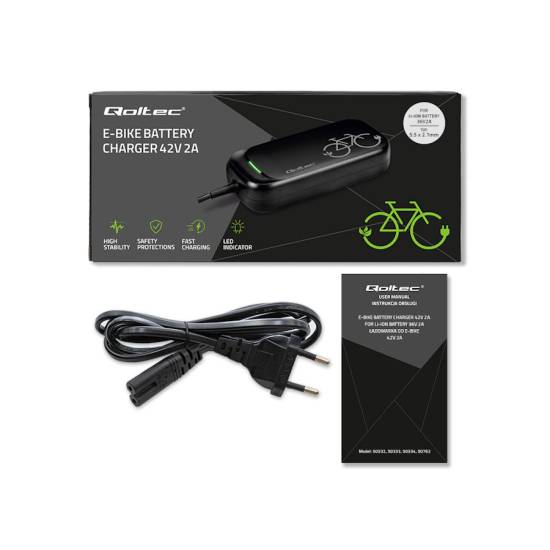 Ładowarka do roweru skutera elektrycznego 36V 42V 2A wtyk 5.5*2.1 wodoodporna szybka Qoltec 50332