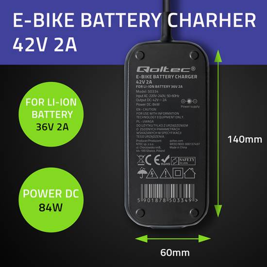 Ładowarka do roweru skutera elektrycznego 36V 42V 2A wtyk 8.0*8.0mm+pin XIAOMI wodoodporna szybka Qoltec 50334