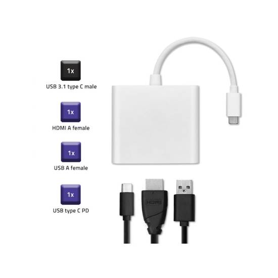 Adapter USB-C -> HDMI 4K + USB 3.0 A + USB-C 3.1 PD 100W Qoltec 50425 biały