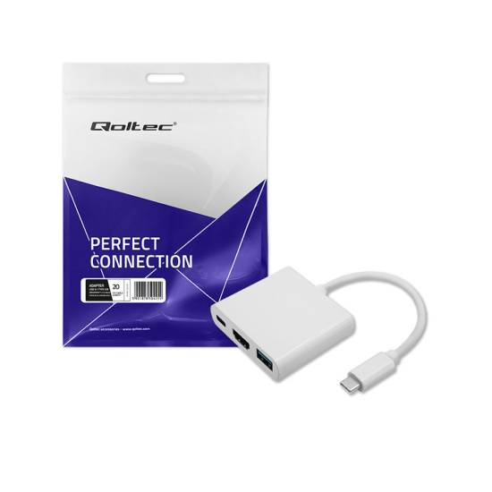 Adapter USB-C -> HDMI 4K + USB 3.0 A + USB-C 3.1 PD 100W Qoltec 50425 biały