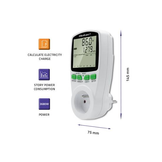 Licznik zużycia energii watomierz 3680W / 16A / LCD Qoltec 50627