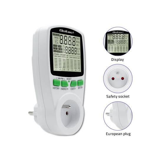 Licznik zużycia energii watomierz 3680W / 16A / LCD Qoltec 50627