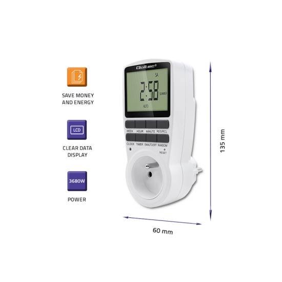 Programator czasowy 3680W / 16A / LCD Qoltec 50628