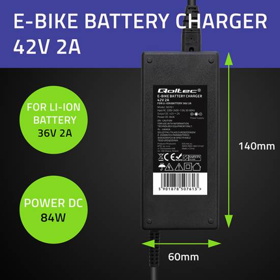Ładowarka do roweru skutera elektrycznego 36V 42V 2A wtyk 5.5*2.5 Qoltec 50761