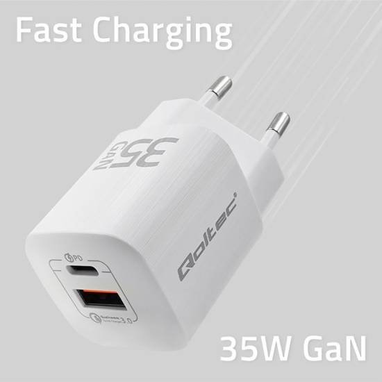 Ładowarka sieciowa GaN USB-C PD USB-A QC 3.0 35W Qoltec 50763 biała