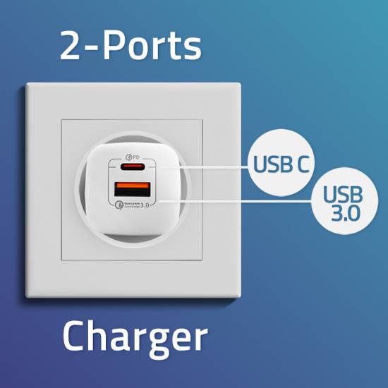 Ładowarka sieciowa GaN USB-C PD USB-A QC 3.0 35W Qoltec 50763 biała
