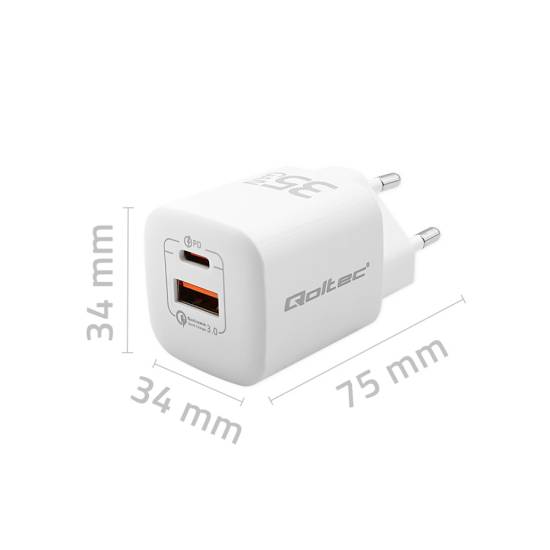 Ładowarka sieciowa GaN USB-C PD USB-A QC 3.0 35W Qoltec 50763 biała