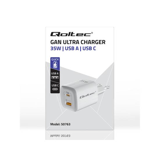 Ładowarka sieciowa GaN USB-C PD USB-A QC 3.0 35W Qoltec 50763 biała