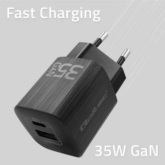 Ładowarka sieciowa GaN USB-C PD USB-A QC 3.0 35W Qoltec 50764 czarna