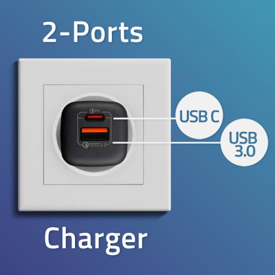 Ładowarka sieciowa GaN USB-C PD USB-A QC 3.0 35W Qoltec 50764 czarna
