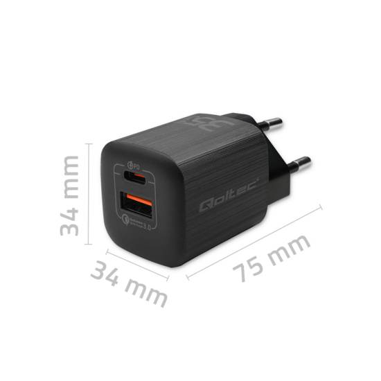 Ładowarka sieciowa GaN USB-C PD USB-A QC 3.0 35W Qoltec 50764 czarna