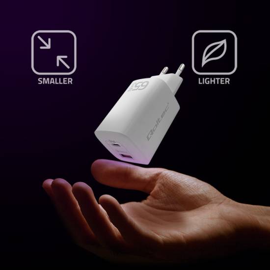 Ładowarka sieciowa GaN USB-C PD USB-A QC 3.0 65W Qoltec 50765 biała