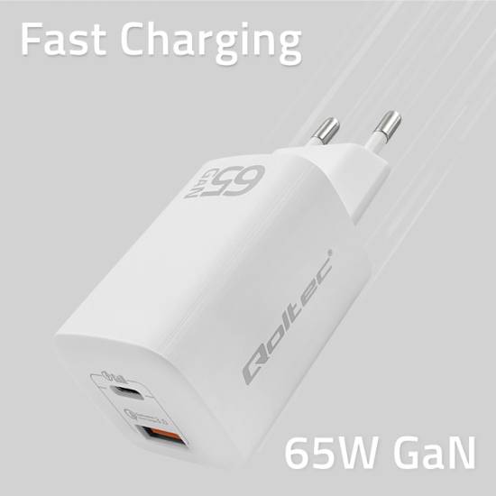 Ładowarka sieciowa GaN USB-C PD USB-A QC 3.0 65W Qoltec 50765 biała
