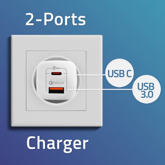 Ładowarka sieciowa GaN USB-C PD USB-A QC 3.0 65W Qoltec 50765 biała
