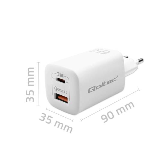 Ładowarka sieciowa GaN USB-C PD USB-A QC 3.0 65W Qoltec 50765 biała