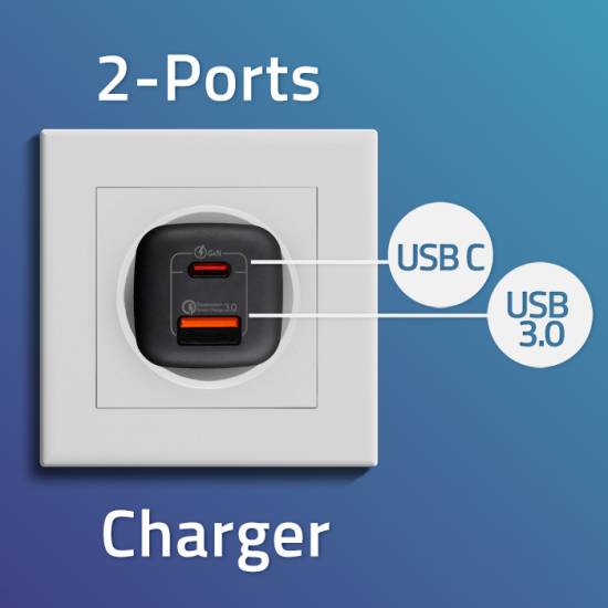 Ładowarka sieciowa GaN USB-C PD USB-A QC 3.0 65W Qoltec 50766 czarna