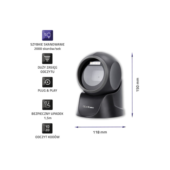 Czytnik kodów kreskowych 1D / 2D Qoltec 50875 USB stacjonarny