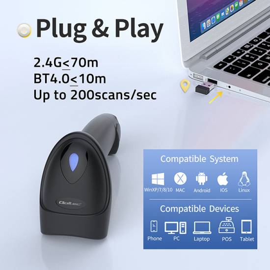 Czytnik kodów kreskowych laser 1D / 2D Qoltec 50880 Bluetooth bezprzewodowy