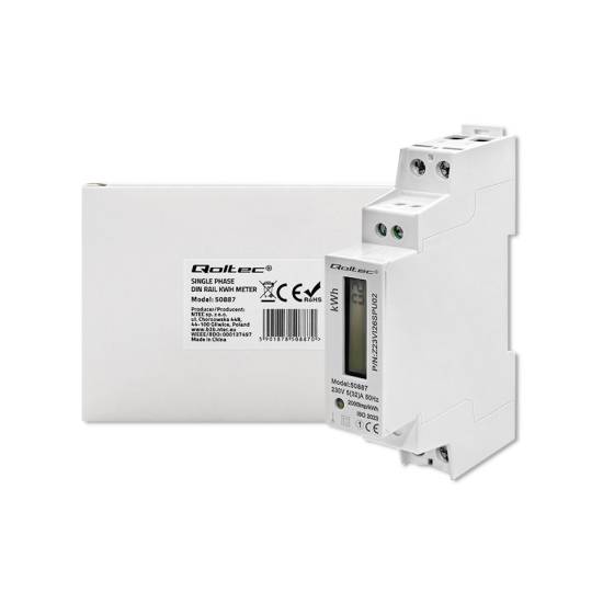Licznik zużycia energii na szynę DIN jednofazowy 230V LCD 1P Slim Qoltec 50887