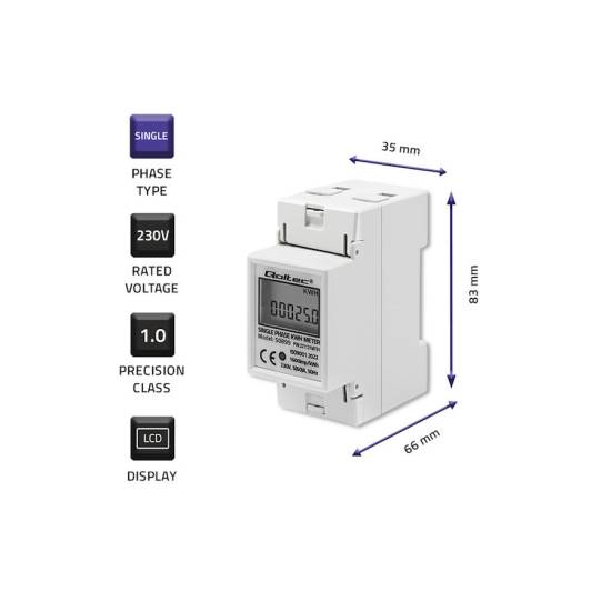 Licznik zużycia energii na szynę DIN jednofazowy 230V LCD 2P Qoltec 50899