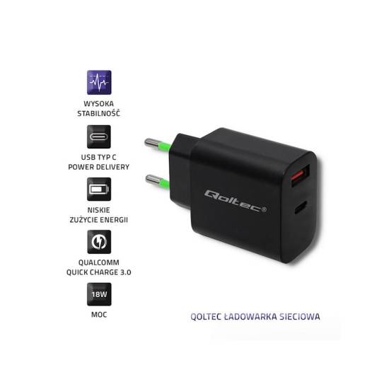 Ładowarka USB A i USB C PowerDelivery QC3.0 18W Qoltec 51713