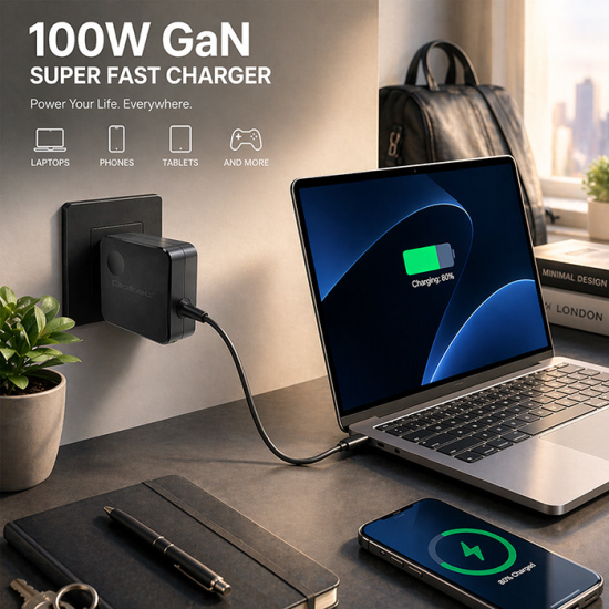 Ładowarka sieciowa GaN USB-C 100W 5-20V 3-5A Super Fast kabel 1,8m Qoltec 51779