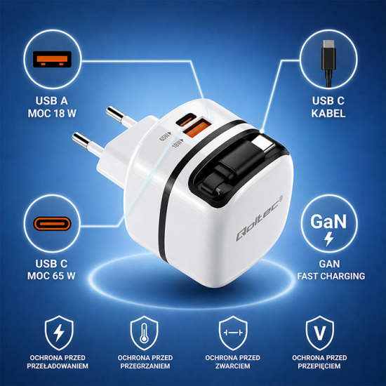 Ładowarka sieciowa GaN USB-C 65W 5-20V 3-3.25A Super Fast wysuwany kabel Qoltec 51784