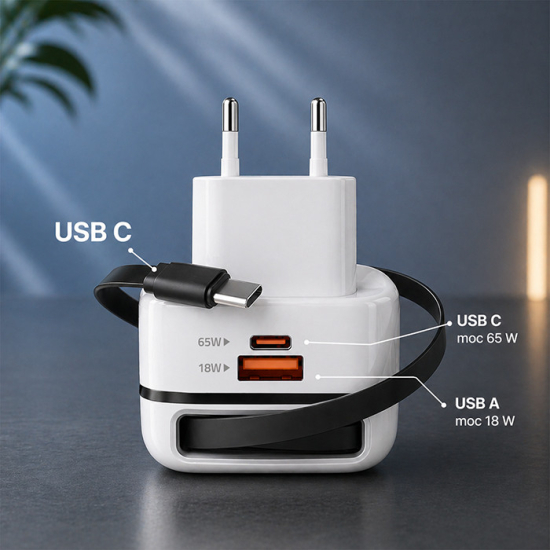 Ładowarka sieciowa GaN USB-C 65W 5-20V 3-3.25A Super Fast wysuwany kabel Qoltec 51784